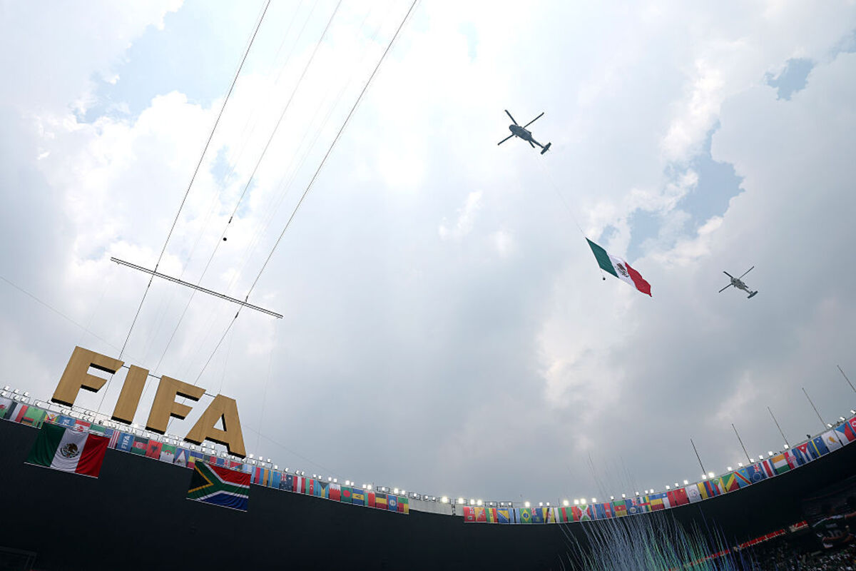  General view as the Mexican national flag flies past during the national anthem before the FIFA World Cup 2026 Group A match between Mexico and South Africa at Mexico City Stadium on June 11, 2026, in Mexico City, Mexico. (Photo by Luke Hales/Getty Images) 