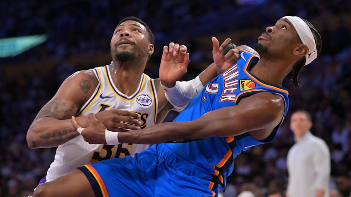  May 9, 2026; Los Angeles, California, USA; Los Angeles Lakers guard Marcus Smart (36) and Oklahoma City Thunder guard Shai Gilgeous-Alexander (2) fight for position on the court in the first half of game three of the second round of the 2026 NBA Playoffs at Crypto.com Arena. Mandatory Credit: Jayne Kamin-Oncea-Imagn Images | Jayne Kamin-Oncea-Imagn Images 