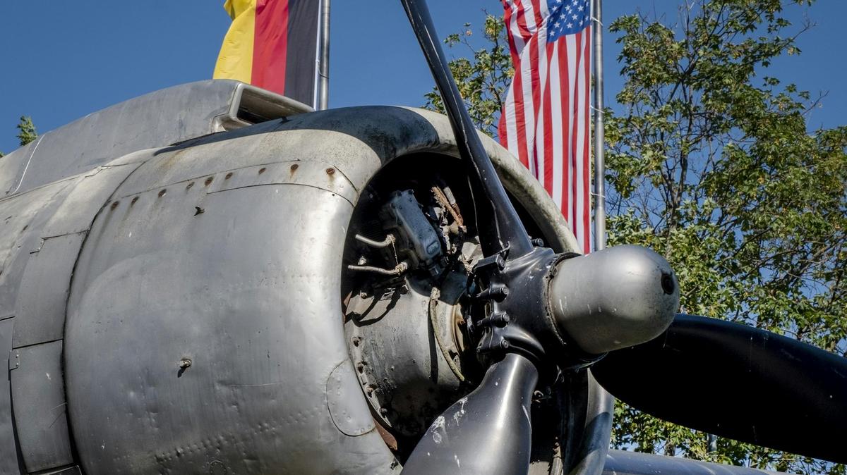 The propeller of a 'raisin bomber' airplane from World War II is seen in Frankfurt, Germany, in June 2020. 
