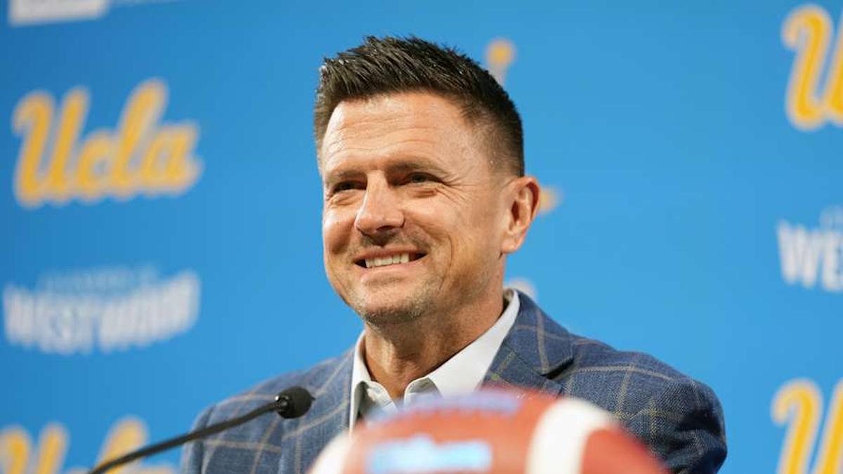  Dec 9, 2025; Los Angeles, CA, USA; Bob Chesney is introduced as UCLA Bruins football coach at press conference at Renee Luskin Conference Center Centennial Ballroom. Mandatory Credit: Kirby Lee-Imagn Images | Kirby Lee-Imagn Images 