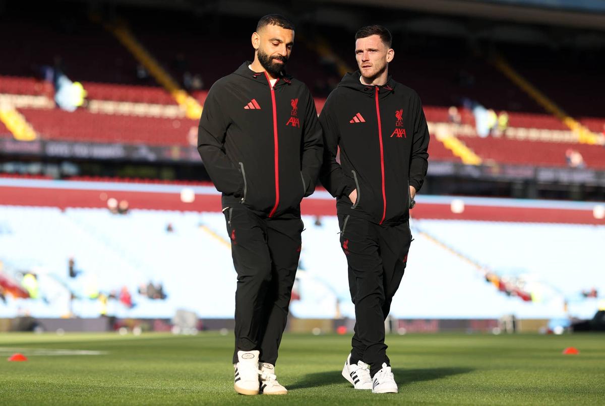  Mohamed Salah and Andrew Robertson of Liverpool interact as they inspect the pitch prior to the Premier League match between Aston Villa and Liverpool at Villa Park on May 15, 2026 in Birmingham, England. (Photo by Liverpool FC/Liverpool FC via Getty Images)
