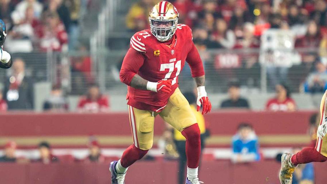  November 24, 2025; Santa Clara, California, USA; San Francisco 49ers offensive tackle Trent Williams (71) during the first quarter against the Carolina Panthers at Levi's Stadium. Mandatory Credit: Kyle Terada-Imagn Images | Kyle Terada-Imagn Images 