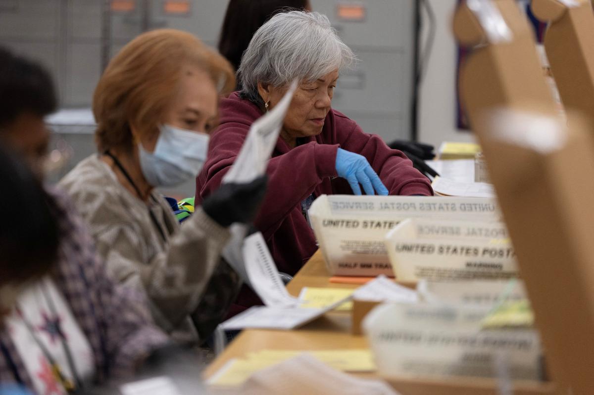 Election workers extract mail-in ballots at the registrar of voters' office during the California primary election in San Diego, California, U.S., June 2, 2026.  REUTERS/Mike Blake