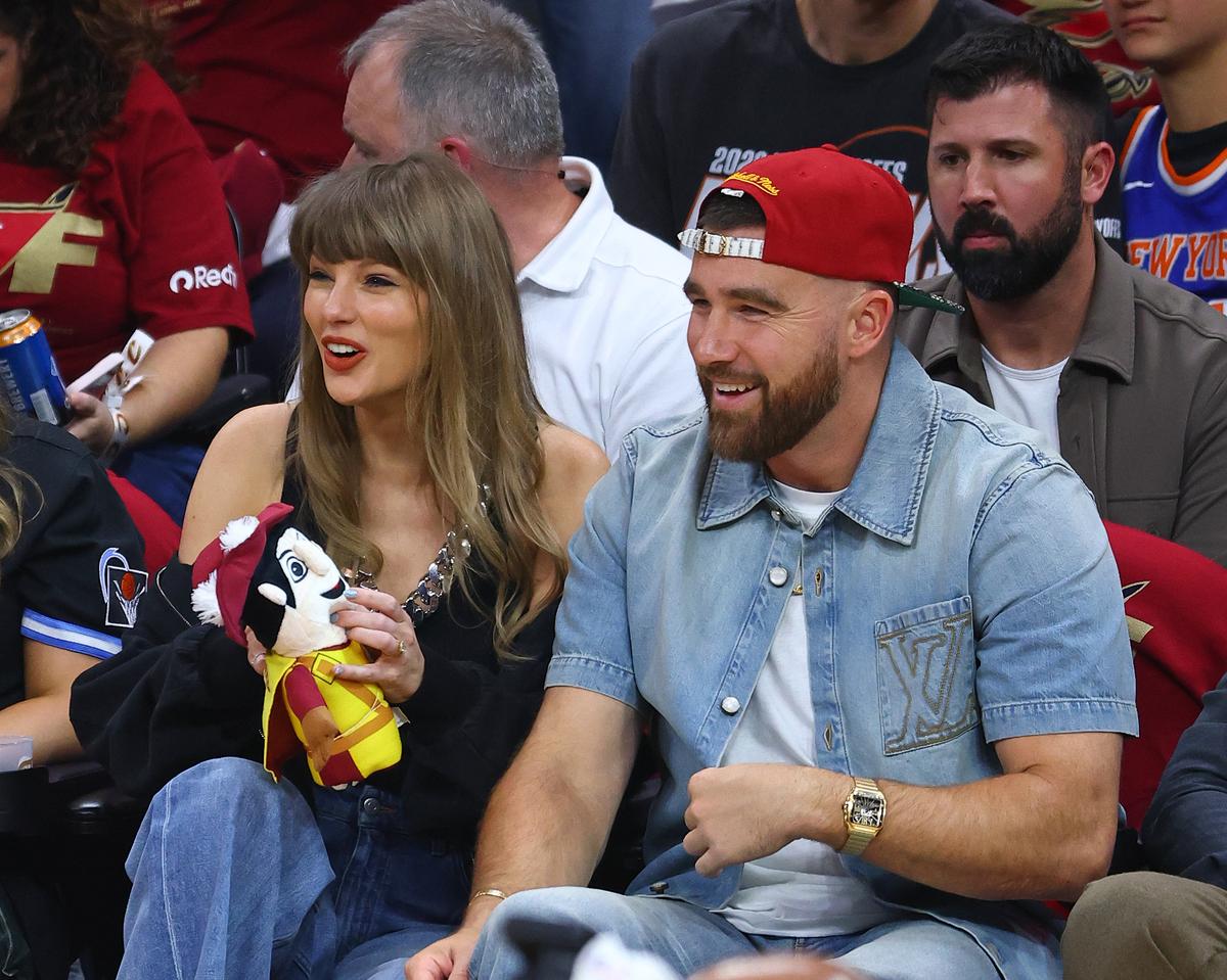 Taylor Swift and Travis Kelce at Game Three of the 2026 Eastern Conference Finals on May 23, 2026, in ClevelandDavid L. Nemec/NBAE via Getty Images
