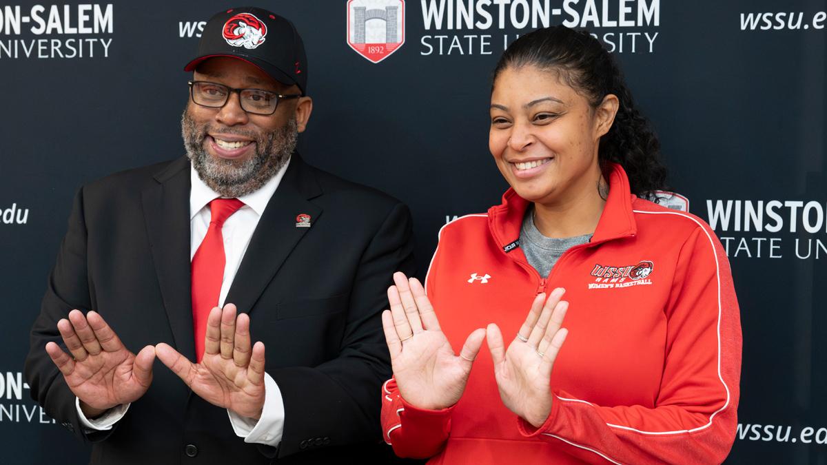  Jay Butler and Tierra Terry pose at Butler’s introductory press conference. (WSSU Photography)