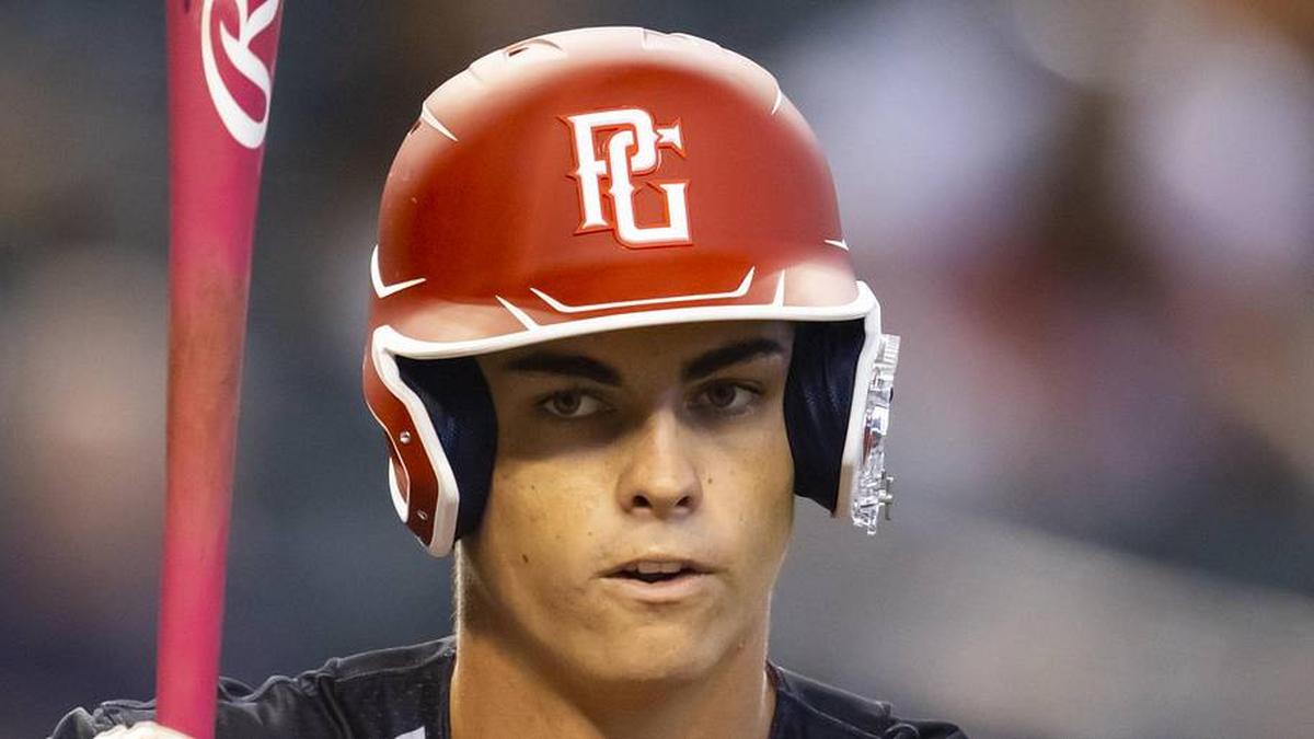  Aug 28, 2022; Phoenix, Arizona, US; West outfielder Will Gasparino (23) during the Perfect Game All-American Classic high school baseball game at Chase Field. Mandatory Credit: Mark J. Rebilas-Imagn Images | Mark J. Rebilas-Imagn Images 