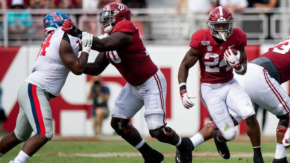  Alabama running back Brian Robinson, Jr., (24) carries behind the block of offensive lineman Alex Leatherwood (70) against Ole Miss at Bryant-Denny Stadium in Tuscaloosa, Ala., on Saturday September 28, 2019 | USA TODAY Network via Reuters Connect 
