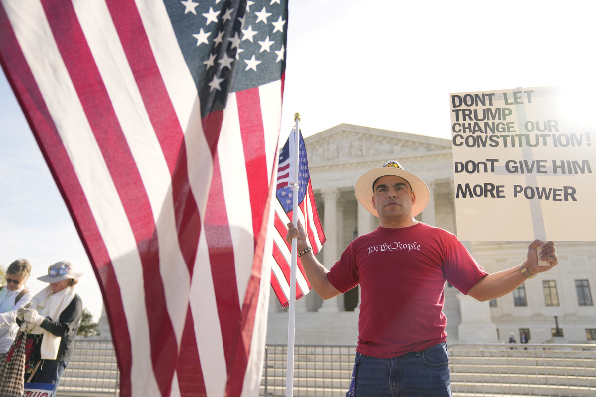 Demonstrators rally outside the U.S. Supreme Court in Washington, DC, on April 1, 2026.