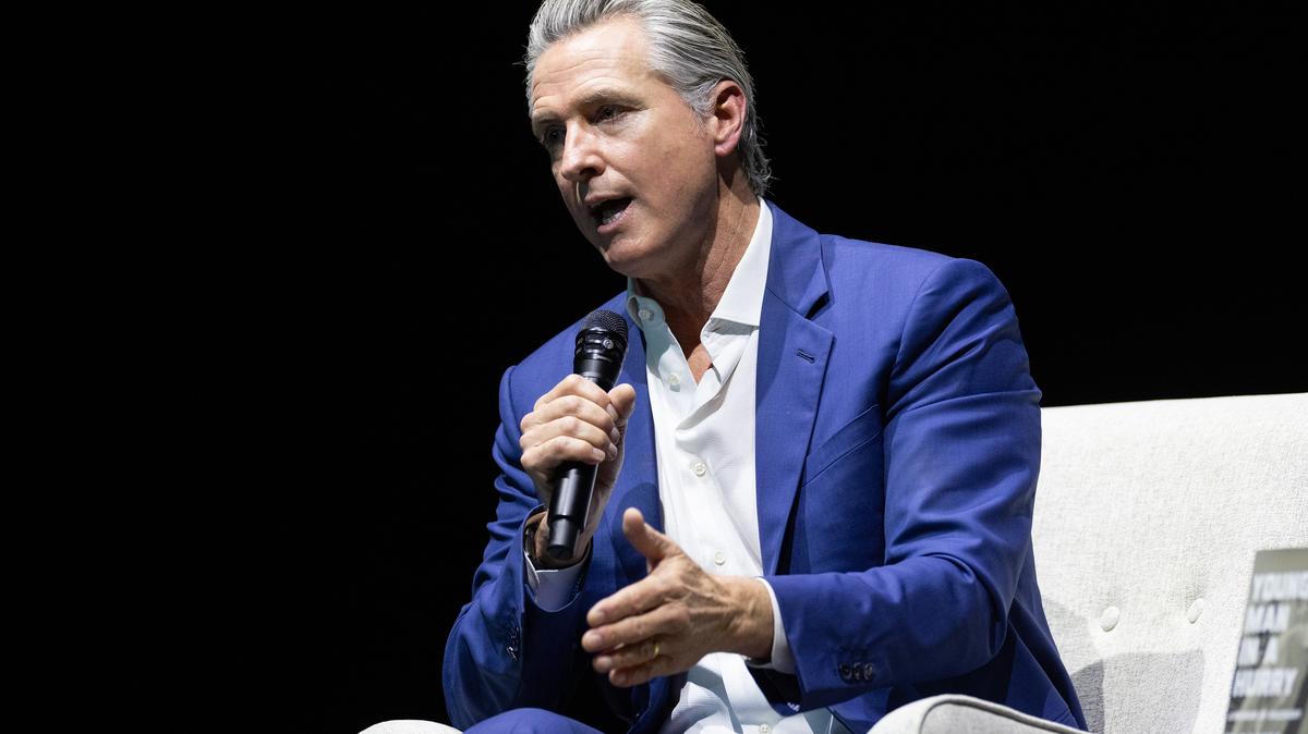 California Gov. Gavin Newsom sits at an event promoting his book "Young Man in a Hurry" on Feb. 28, 2026, in San Francisco. Newsom's book, which he discussed with Journalist Kara Swisher on stage, reflects on his life and career. (Benjamin Fanjoy/Getty Images/TNS)