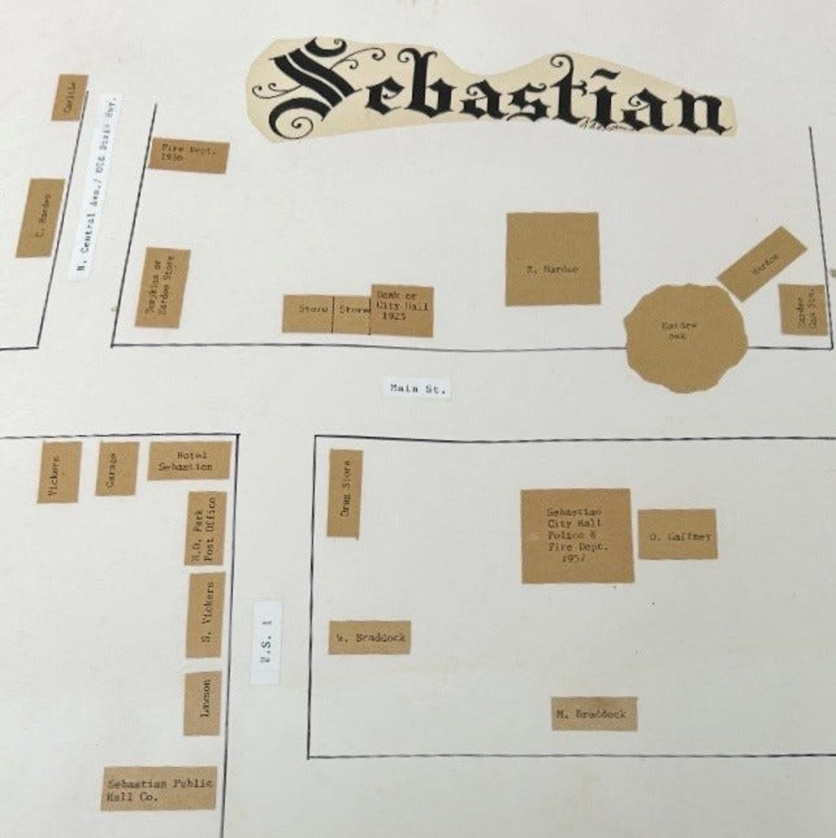 This map shows Sebastian's downtown business district in its early days. In 1923, Miami Herald columnist Edward Hay described Sebastian as “a little cluster of low buildings, where the Dixie Highway makes a jog toward the river.” He listed the Sebastian Hotel, Sebastian drugstore, Braddock general store, Walters garage and Sebastian garage. The Sebastian Hotel opened in 1912 on Central Avenue (now U.S. 1), but faced Main Street. It had many owners over the years: McWade & Co. of Akron, Ohio (1921); J.W. Ault (unknown); Abraham Stovitz of Elizabeth, N.J. (1924); Finish immigrants Jaako and wife Saimi Salmela (1924); Adolf Pesat, William Hillebrand and Samuel Asa Braswell, a Sebastian real estate agent who brokered the 1924 sale and whose brother, Charles Cleveland "C.C." Braswell, who developed Quay and renamed it Winter Beach; and finally Robert Calvin Bridges and wife Minnie Clyde, who renamed it Bridges Hotel. When a fire destroyed the hotel in 1927, it was the oldest hotel in Indian River County.