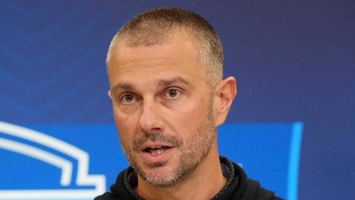  Feb 25, 2025; Indianapolis, IN, USA; Las Vegas Raiders general manager John Spytek speaks during the NFL Scouting Combine at the Indiana Convention Center. Mandatory Credit: Kirby Lee-Imagn Images | Kirby Lee-Imagn Images 