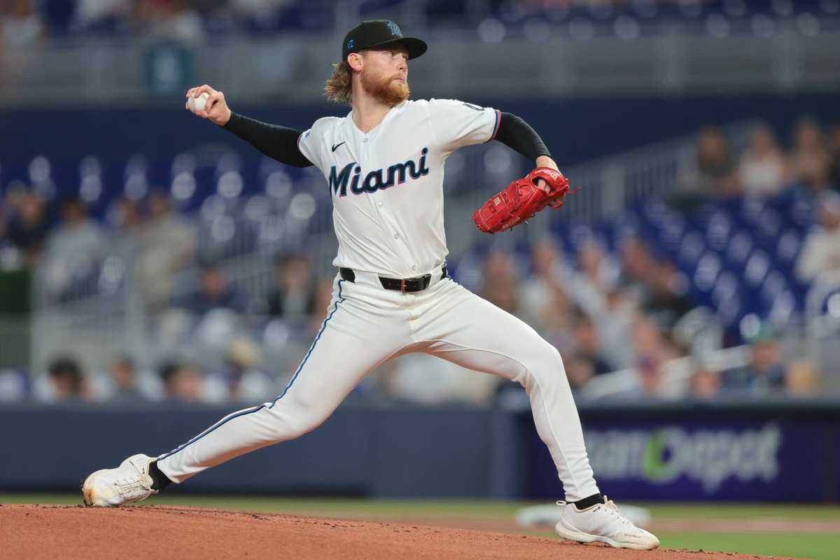  Jul 7, 2026; Miami, Florida, USA; Miami Marlins starting pitcher Max Meyer (23) delivers a pitch against the Seattle Mariners during the first inning at loanDepot Park. Mandatory Credit: Sam Navarro-Imagn Images 