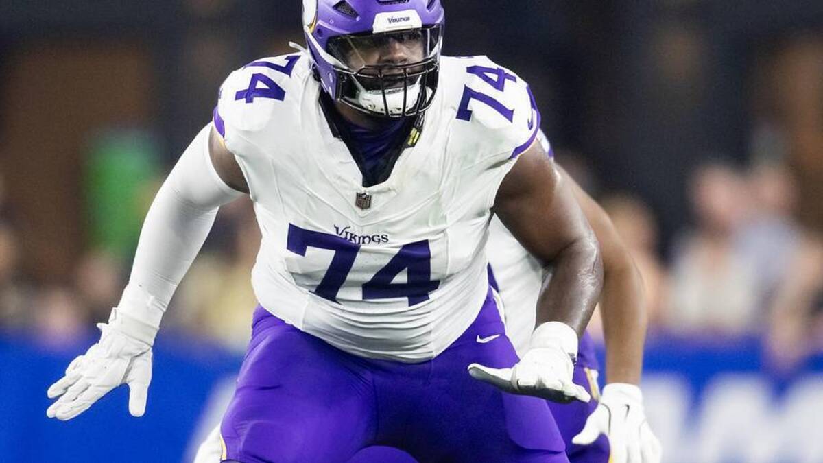  Jan 13, 2025; Glendale, AZ, USA; Minnesota Vikings tackle Cam Robinson (74) against the Los Angeles Rams during an NFC wild card game at State Farm Stadium. Mandatory Credit: Mark J. Rebilas-Imagn Images | Mark J. Rebilas-Imagn Images 