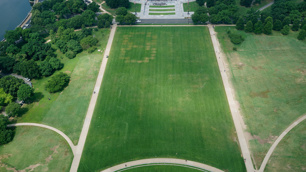 Authorities responded to what appeared to be a large tracing of the term 8647 into the grounds of the National Mall in Washington, D.C., June 11, 2026. A Reuters photographer captured the emerging image from atop the Washington Monument on the Mall's grass shortly before authorities arrived. The arrangement of the numbers was clearly an attempt to show 8647, though the 4 was not fully formed. Federal prosecutors on other occasions have said the term could indicate a threat to President Trump, the 47th U.S. president. REUTERS/ Nathan Howard