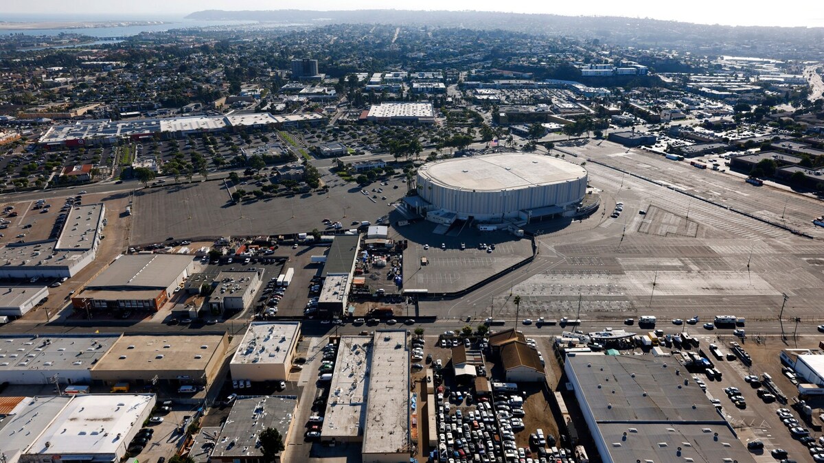 An aerial view of the city of San Diegos sports arena property, which includes Pechanga Arena San Diego, as pictured on Oct. 7, 2025. (K.C. Alfred / The San Diego Union-Tribune)