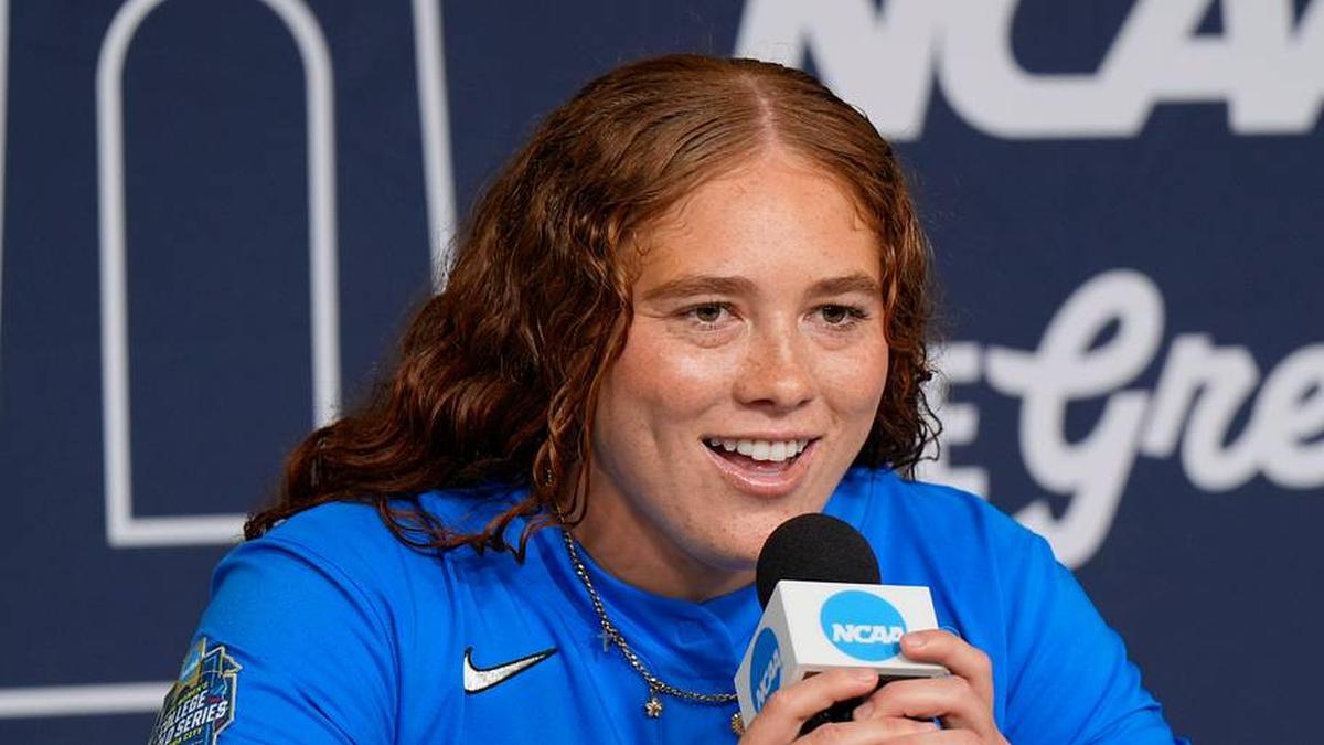  Megan Grant of UCLA interviews during the Women's College World Series (WCWS) media day at Devon Park in Oklahoma City, Wednesday, May 27, 2026. | DOUG HOKE/THE OKLAHOMAN / USA TODAY NETWORK via Imagn Images 