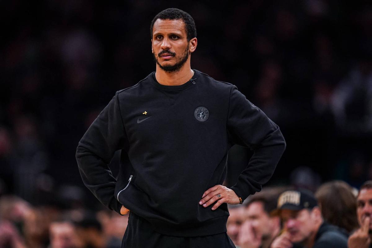  Apr 28, 2026; Boston, Massachusetts, USA; Boston Celtics head coach Joe Mazzulla watches from the sideline as they take on the Philadelphia 76ers during game five of the first round of the 2026 NBA Playoffs at TD Garden. Mandatory Credit: David Butler II-Imagn Images 