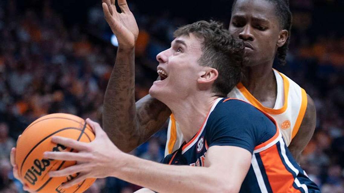  Auburn forward Filip Jovic (38) shoots against Tennessee center Felix Okpara (34) during their Day 2 2026 SEC Men's Basketball Tournament game at Bridgestone Arena in Nashville, Tenn., Thursday, March 12, 2026. | DENNY SIMMONS / THE TENNESSEAN / USA TODAY NETWORK via Imagn Images 