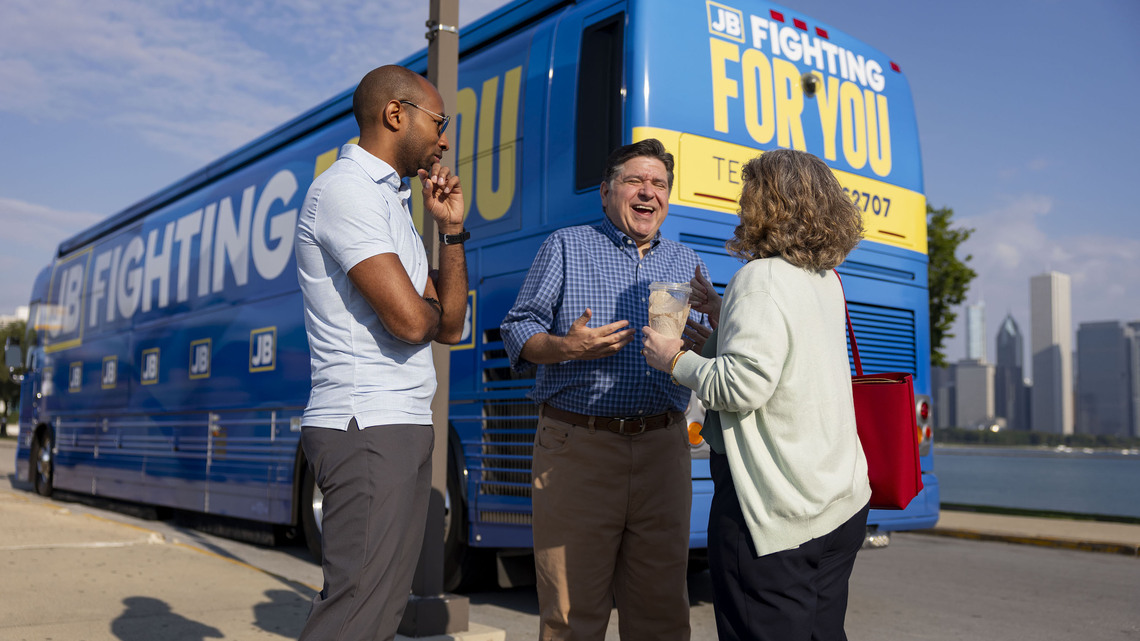 Ill. Gov. JB Pritzker pounces on President Donald Trump in campaign bus tour kickoff 