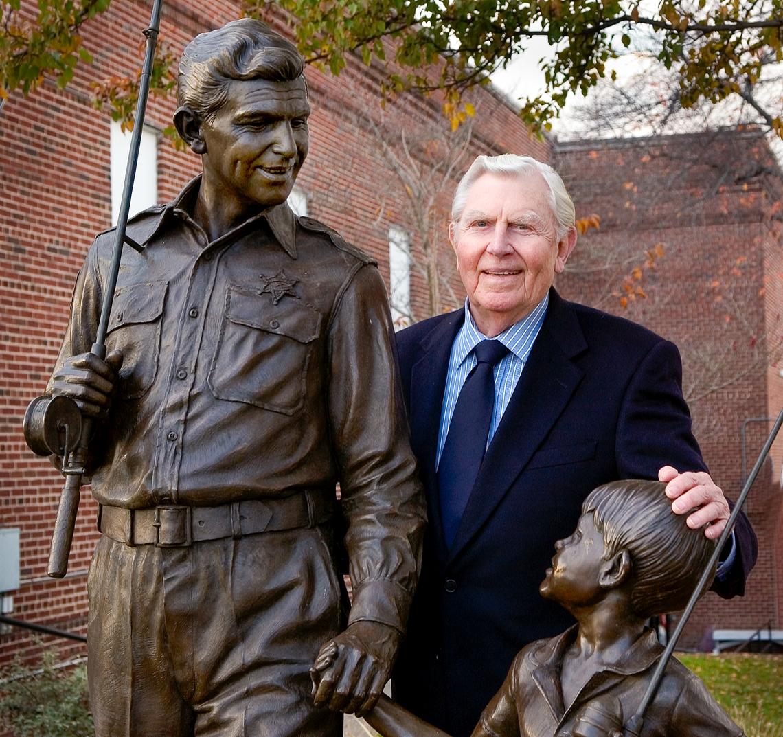 Andy Griffith with Mount Airy’s tribute to Andy and Opie TaylorCourtesy Surry Arts Council; Hobart Jones