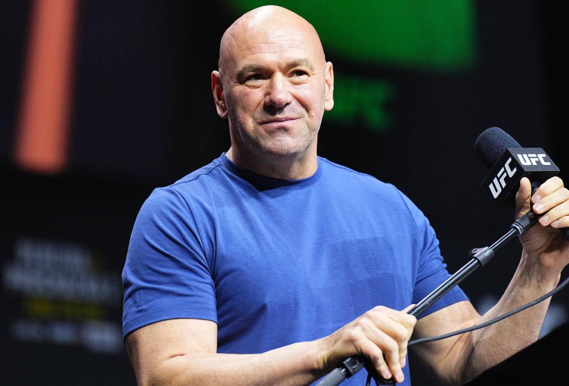  LAS VEGAS, NEVADA - JUNE 27: UFC CEO Dana White is seen on stage during the UFC 303 press conference at T-Mobile Arena on June 27, 2024 in Las Vegas, Nevada. (Photo by Chris Unger/Zuffa LLC via Getty Images) 