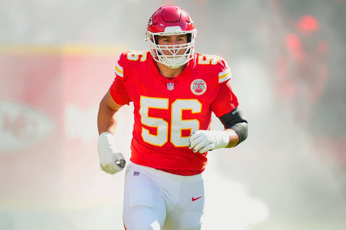 Kansas City Chiefs defensive end George Karlaftis (56) takes the field prior to a game against the Baltimore Ravens at GEHA Field at Arrowhead Stadium. Jay Biggerstaff-Imagn Images