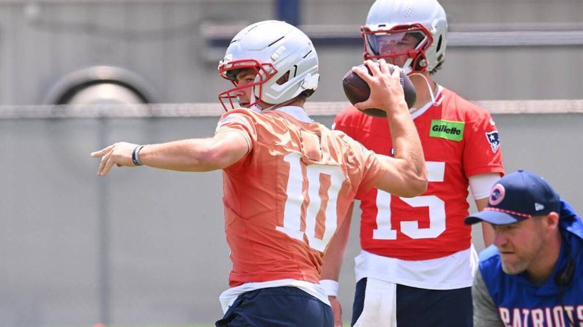  Jun 2, 2026; Foxborough, MA, USA; New England Patriots quarterback Drake Maye (10) throws a pass during the team's OTA at Gillette Stadium. Mandatory Credit: Eric Canha-Imagn Images | Eric Canha-Imagn Images 
