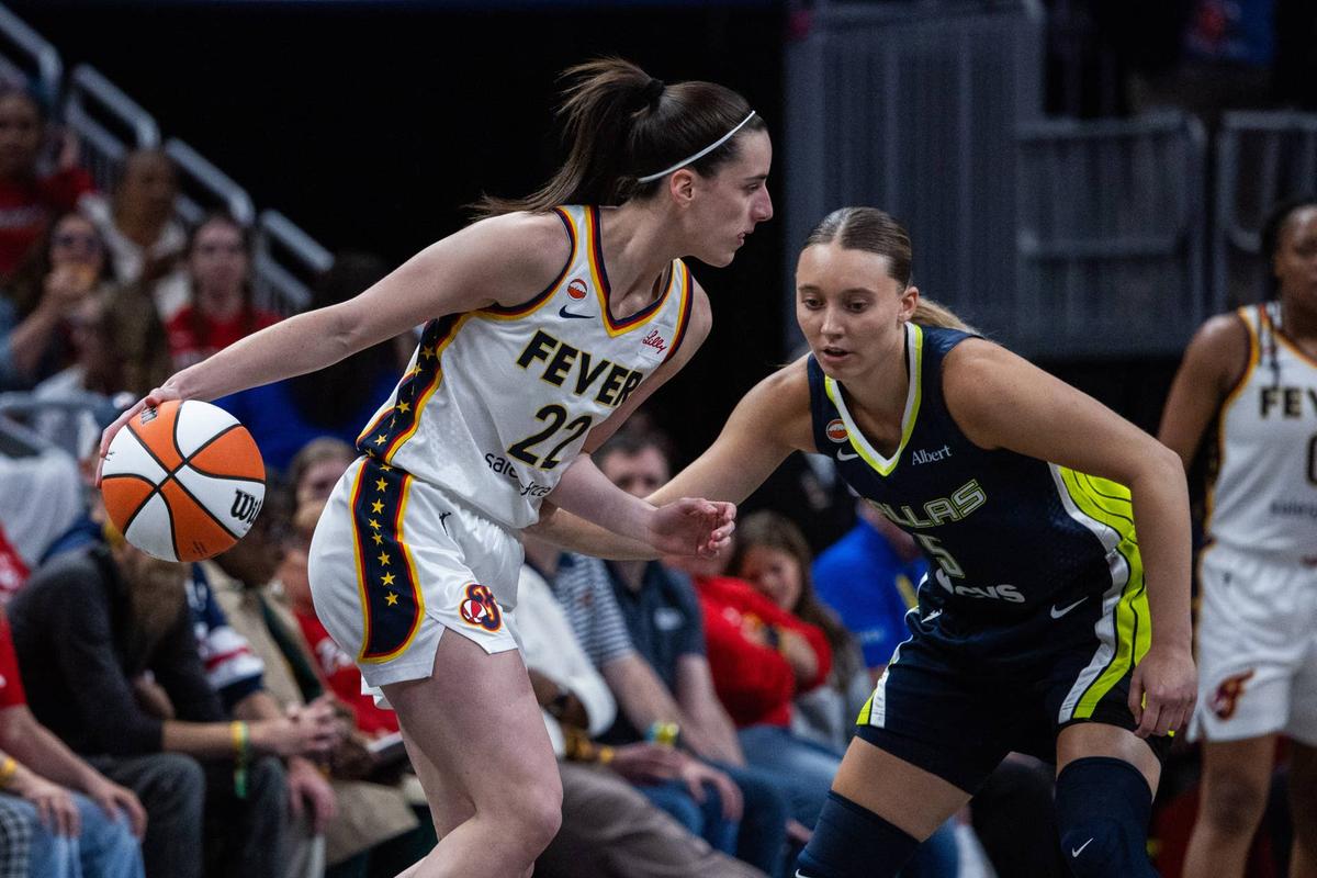  Indiana Fever guard Caitlin Clark tries to operate versus Dallas Wings' Paige Bueckers during a pre-season game Trevor Ruszkowski-Imagn Images