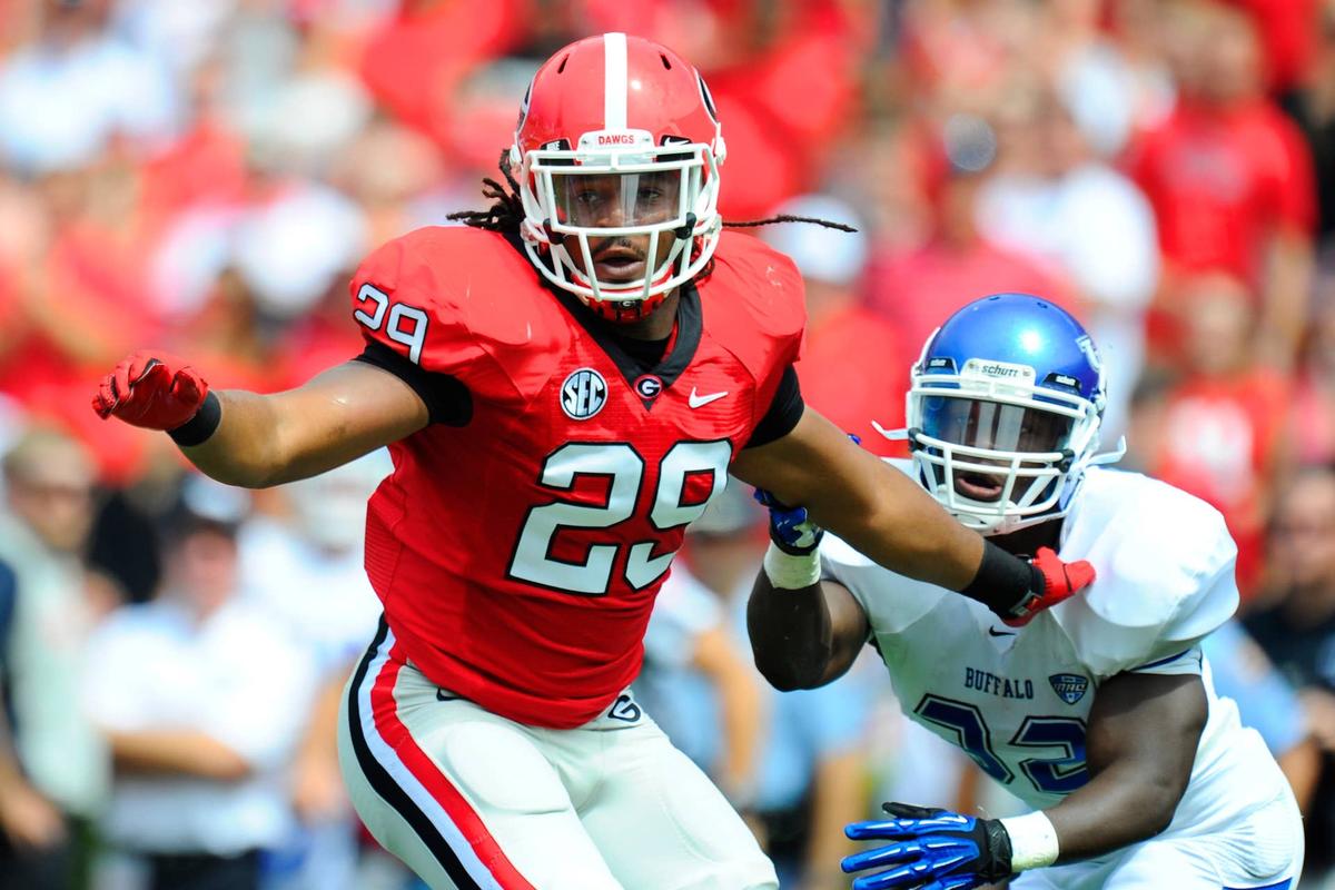  Georgia Bulldogs linebacker Jarvis Jones fights off a block against the Buffalo Bulls at Sanford Stadium. Dale Zanine-USA TODAY Sports