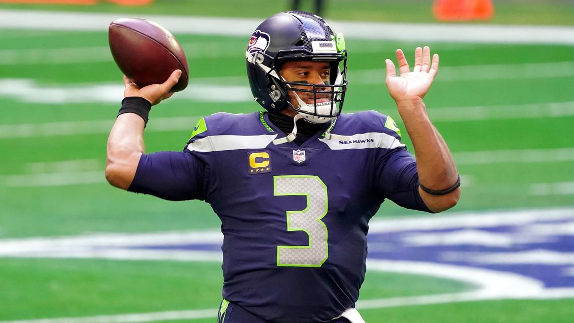 Seattle Seahawks quarterback Russell Wilson (3) warms up prior to an NFL football game against the San Francisco 49ers, Sunday, Jan. 3, 2021, in Glendale, Arizona.