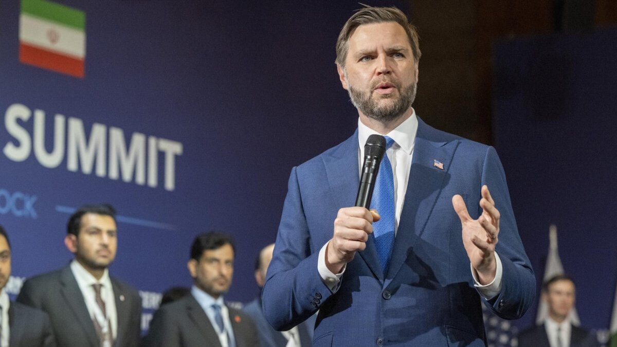 U.S. Vice President JD Vance addresses diplomats at peace talks between the United States and Iran -- which were mediated by Qatar and Pakistan -- at the Lake Lucerne Summit in Bürgenstock, Switzerland, on Sunday. Photo by Urs Flueeler/EPA
