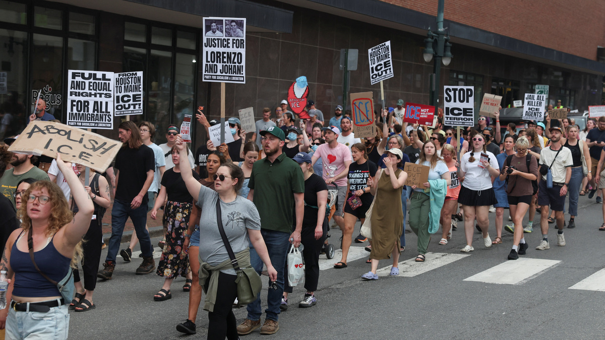 Demonstrators march a day after a U.S. Immigration and Customs Enforcement (ICE) agent killed a driver in the coastal Maine town of Biddeford, in Portland, Maine, U.S., July 14, 2026. REUTERS/Shannon Stapleton
