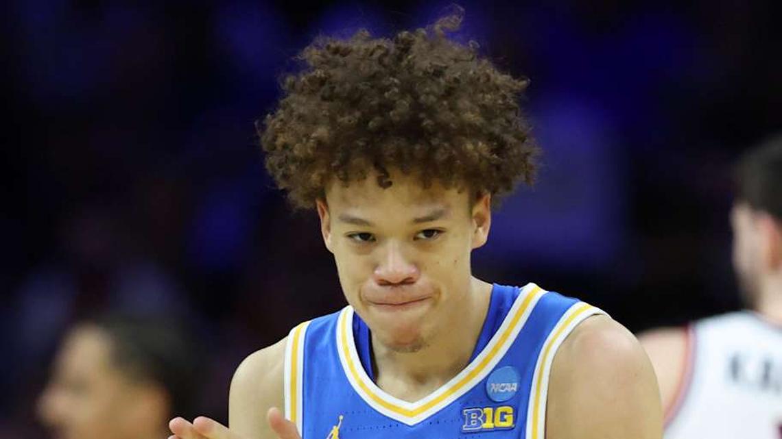  Mar 22, 2026; Philadelphia, PA, USA; UCLA Bruins guard Trent Perry (0) reacts against the UConn Huskies in the first half during a second round game of the men's 2026 NCAA Tournament at Xfinity Mobile Arena. Mandatory Credit: Bill Streicher-Imagn Images | Bill Streicher-Imagn Images 