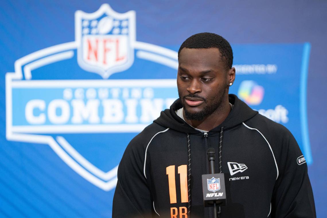  Feb 27, 2026; Indianapolis, IN, USA; Notre Dame running back Jeremiyah Love (RB11) speaks to members of the media during the NFL Combine at the Indiana Convention Center. Mandatory Credit: Jacob Musselman-Imagn Images 