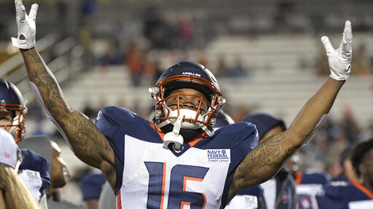 Orlando Apollos receiver Rannell Hall encourages the fans in the stands before the team’s Alliance of American Football game against the Atlanta Legends on Saturday, Feb. 9, 2019, in Orlando, Fla.