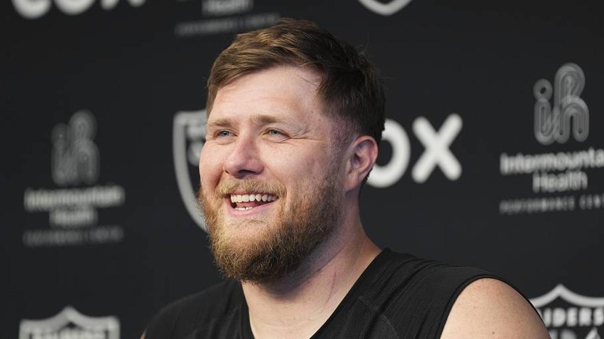  May 20, 2026; Henderson, NV, USA; Las Vegas Raiders offensive tackle Kolton Miller (74) speaks during a news conference during organized team activities at Intermountain Health Performance Center. Mandatory Credit: Candice Ward-Imagn Images | Candice Ward-Imagn Images 