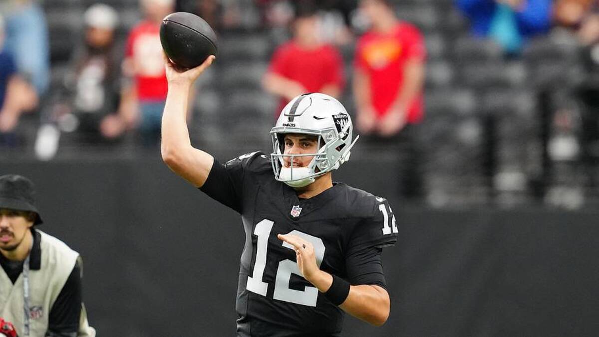  Jan 4, 2026; Paradise, Nevada, USA; Las Vegas Raiders quarterback Aidan O'Connell (12) warms up before a game against the Kansas City Chiefs at Allegiant Stadium. Mandatory Credit: Stephen R. Sylvanie-Imagn Images | Stephen R. Sylvanie-Imagn Images 