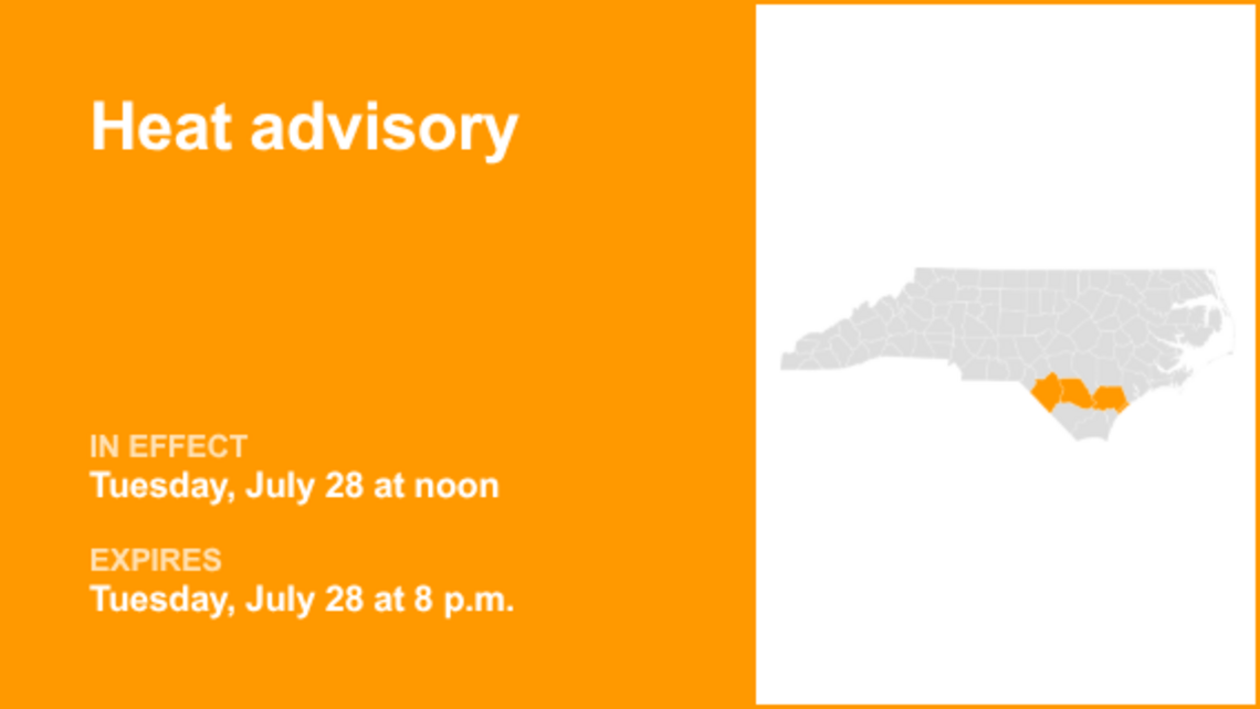 North Carolina placed under a heat advisory until Tuesday evening 