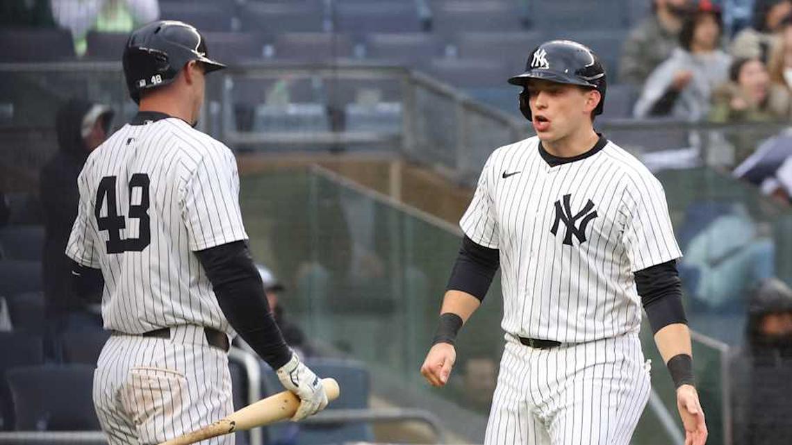  New York Yankees first base Ben Rice (22) celebrates with Paul Goldschmidt (48) after scoring a run against the San Francisco Giants during the fifth inning at Yankee Stadium. | Tom Horak-Imagn Images 