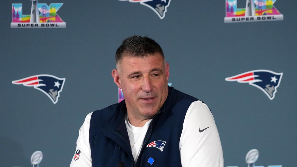 Feb 3, 2026; Santa Clara, CA, USA; New England Patriots head coach Mike Vrabel speaks to the media during Super Bowl LX press conference at Santa Clara Marriott. Mandatory Credit: Kirby Lee-Imagn Images