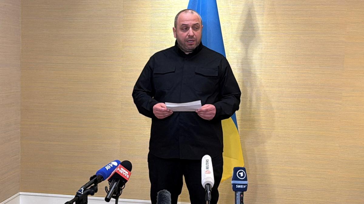 FILE PHOTO: Secretary of the National Security and Defence Council of Ukraine Rustem Umerov speaks to members of the media in Geneva, Switzerland, February 18, 2026.  REUTERS/Cecile Mantovani/File Photo