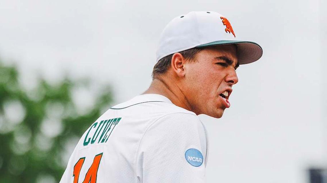  Miami Hurricanes third baseman Daniel Cuvet (14) after win in Louisville Super Regionals. | Miami Hurricanes Athletics 