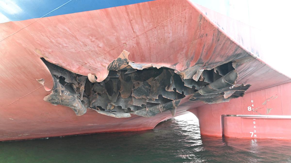 FILE PHOTO: The damaged stern of a bulk carrier operated by South Korean shipper HMM, after it was struck by two unidentified objects on May 4 while stranded in the Strait of Hormuz, in this handout picture released on May 10, 2026.    South Korean Foreign Ministry/Handout via REUTERS/File Photo