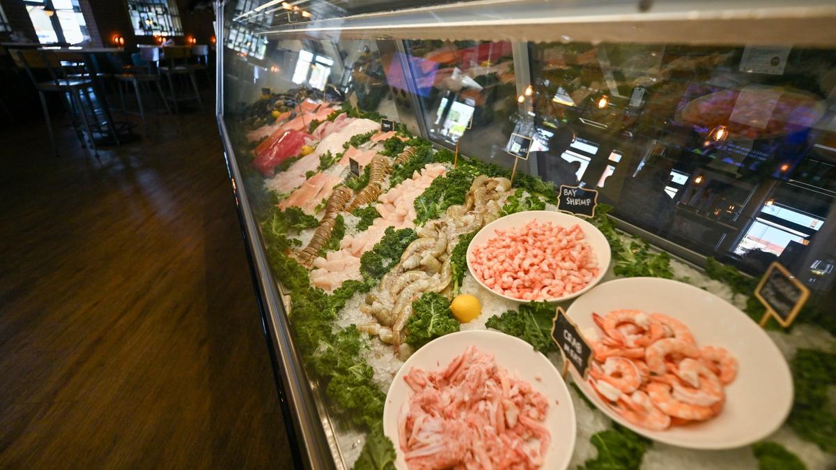 Fresh seafood at Market Broiler’s Fish House Huntington Beach on Thursday, May 21, 2026. The Riverside-based restaurant is undergoing a bit of a rebrand to give its locations more of a local feel. Its Huntington Beach restaurant was closed for three weeks for a remodel that added a new, more open interior with warmer coastal colors and windows that open to the breeze. (Photo by Jeff Gritchen, Orange County Register/SCNG)