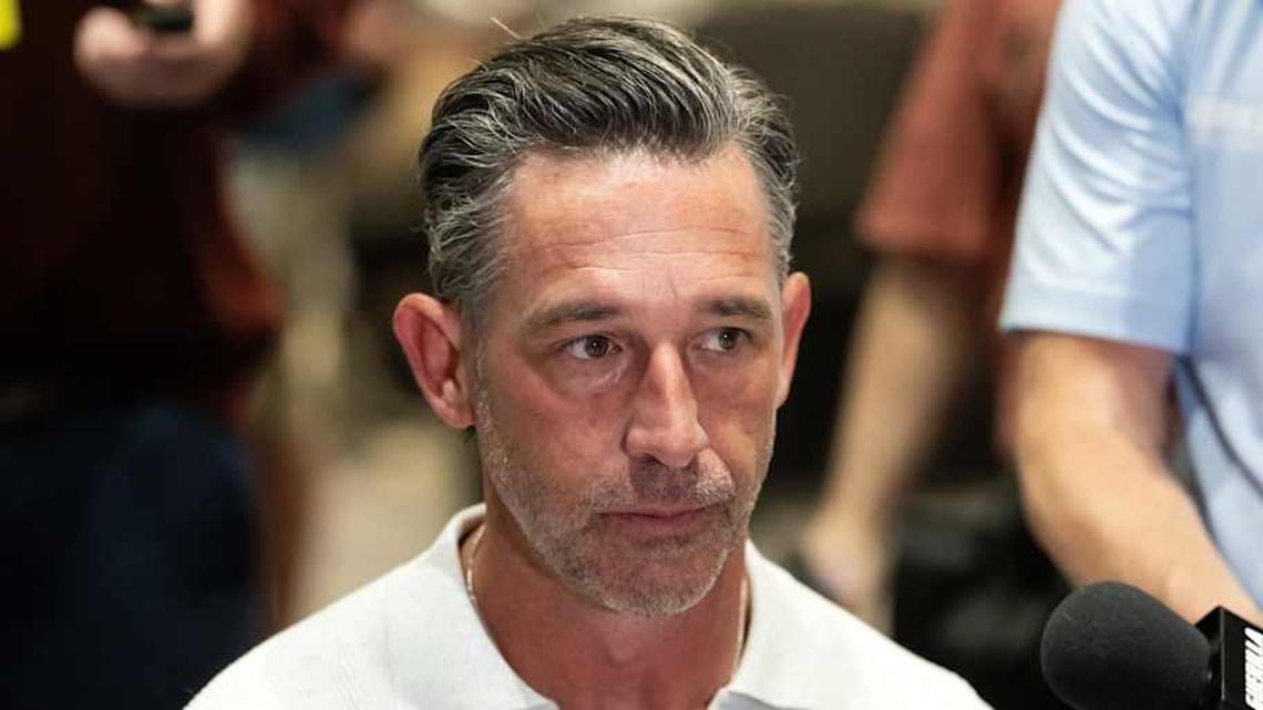  Mar 30, 2026; Phoenix, AZ, USA; San Francisco 49ers head coach Kyle Shanahan during the 2026 NFL Annual League Meeting at the Arizona Biltmore. Mandatory Credit: Mark J. Rebilas-Imagn Images | Mark J. Rebilas-Imagn Images 