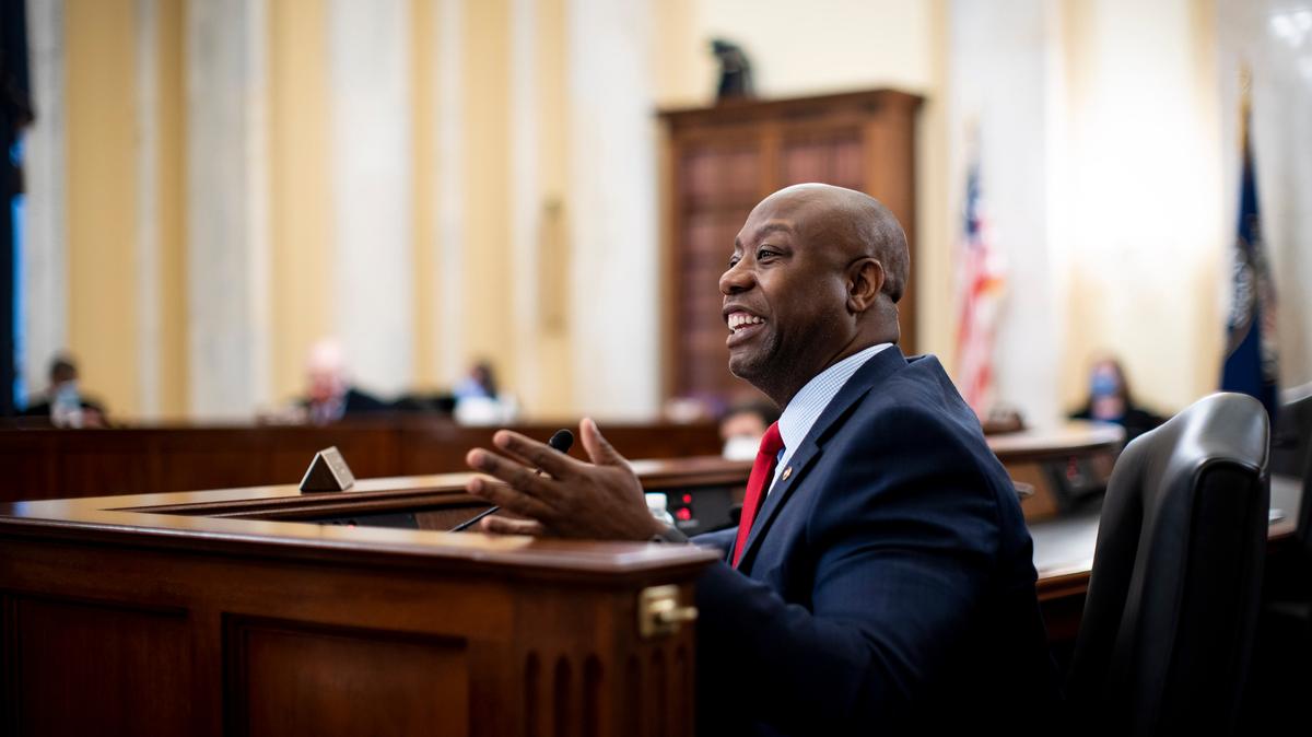 Sen. Tim Scott, R-S.C., speaks during a Senate Small Business and Entrepreneurship hearing in 2020. This summer, Scott will publish a new memoir called “America, A Redemption Story.” (File/Al Drago/Pool via AP)