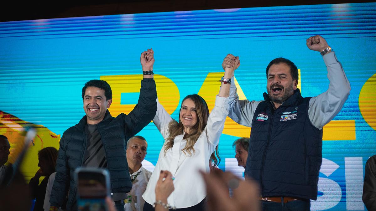 Election night with Senator Paloma Valencia during the results of the right-wing primaries in Bogota, Colombia, on March 8, 2026. The winner of the election, Paloma Valencia, is the official candidate of the right wing in the 2026 Colombian presidential elections. (Marie Audinet/Hans Lucas/AFP via Getty Images/TNS)