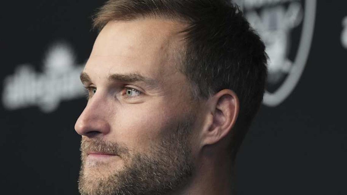  Apr 8, 2026; Las Vegas, NV, USA; Las Vegas Raiders quarterback Kirk Cousins speaks at a press conference at Intermountain Health Performance Center. Mandatory Credit: Candice Ward-Imagn Images | Candice Ward-Imagn Images 