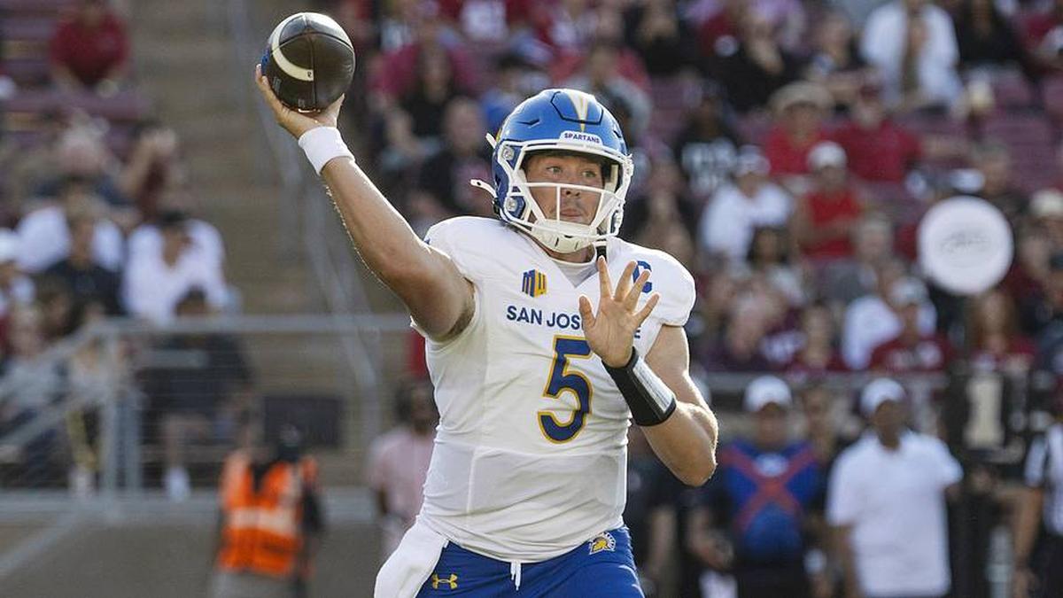  Sep 27, 2025; Stanford, California, USA; San Jose State Spartans quarterback Walker Eget (5) throws the football during the first quarter against the Stanford Cardinal at Stanford Stadium. Mandatory Credit: Stan Szeto-Imagn Images | Stan Szeto-Imagn Images 