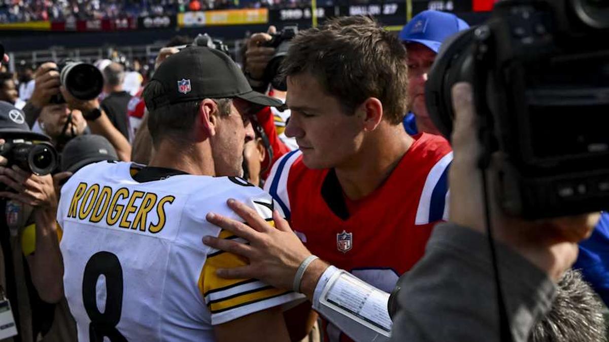  Sep 21, 2025; Foxborough, Massachusetts, USA; Pittsburgh Steelers quarterback Aaron Rodgers (8) and New England Patriots quarterback Drake Maye (10) after the game at Gillette Stadium. Mandatory Credit: Brian Fluharty-Imagn Images | Brian Fluharty-Imagn Images 